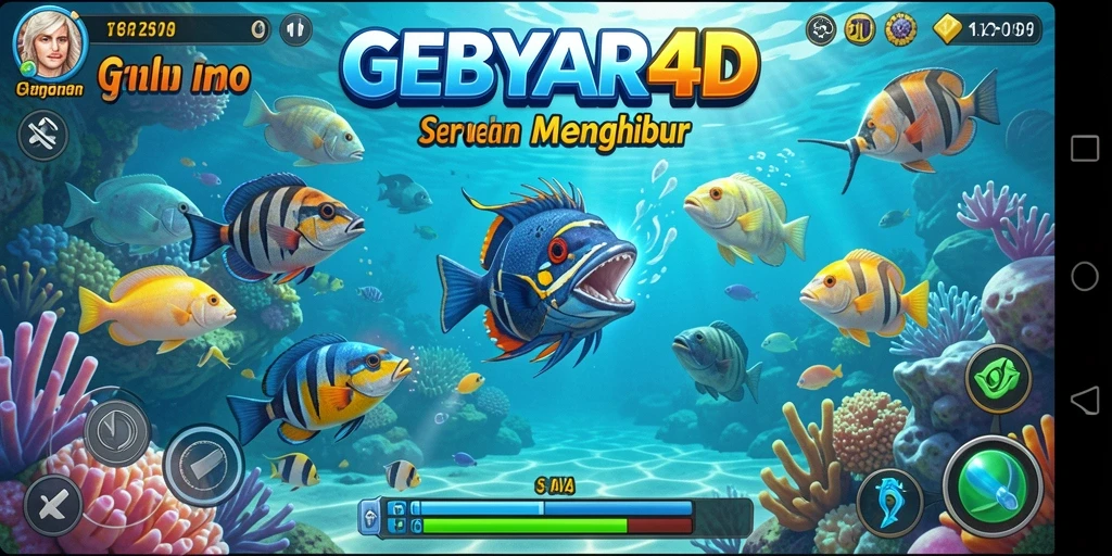 Screenshot gameplay GEBYAR4D menampilkan aksi menembak ikan yang seru.