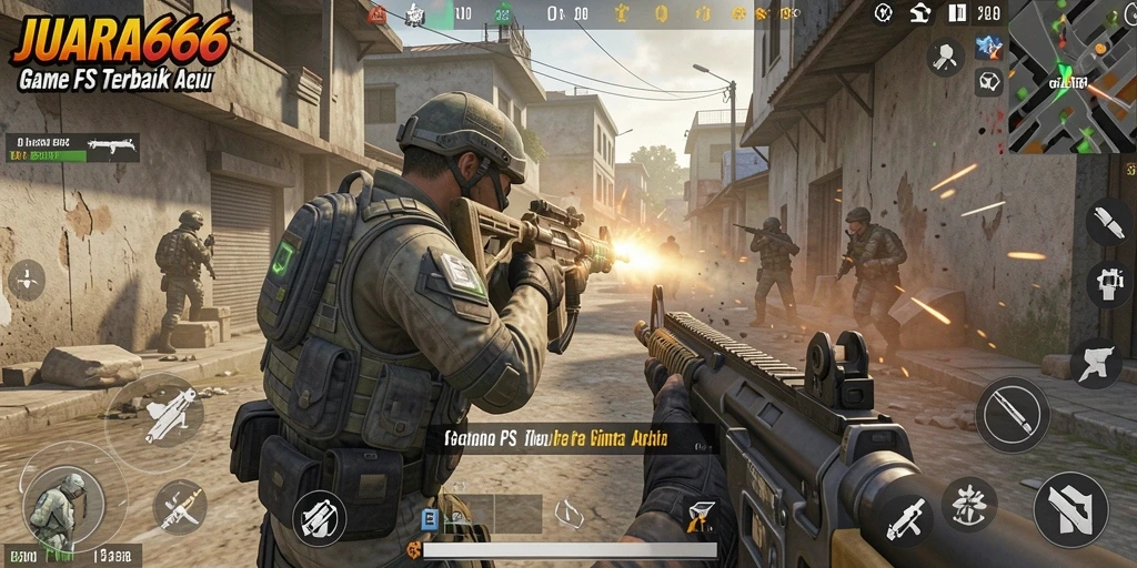 Screenshot utama JUARA666 menampilkan aksi seru dalam pertempuran FPS.