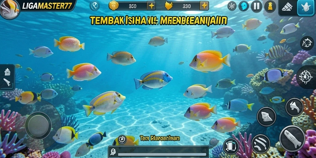 Tampilan gameplay LIGAMASTER77 dengan aksi menembak ikan yang mendebarkan.