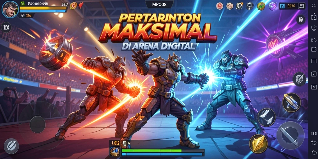 Screenshot utama MPO08 menampilkan pertarungan seru antara karakter di arena.